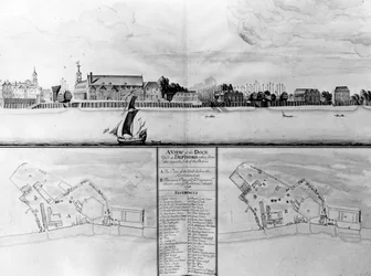 A View of the Dockyard at Deptford Taken from the Opposite Side of the Thames, 1698